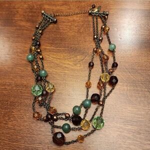 LIA Sophia Green, brown, and amber beaded‎ multi strand layered necklace